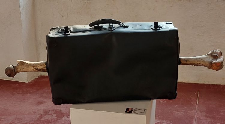 3. Peppe Capasso Valigia per espatrio1983 Misura cm 80x60x20 Tecnica Cartone Ossa di Vitello Bitume Mostra presso L ABAN Nola 7.7.2023