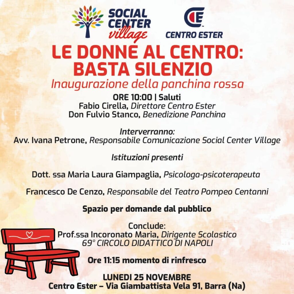 Barra, Giornata contro la Violenza sulle Donne: Lunedì mattina inaugurazione della panchina rossa al Centro Ester 2 c5ea2613 b69c 4942 acb7 eb7001bb5a9a