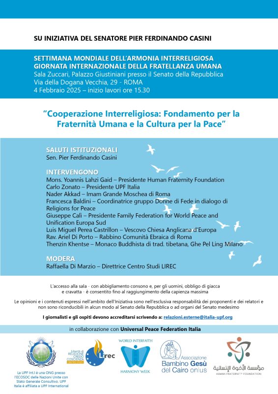 UPF Italia celebra la "Settimana dell'Armonia Interreligiosa" e la "Giornata della Fratellanza Umana" 2 Locandina convegno 04.02. 2025 page 0001