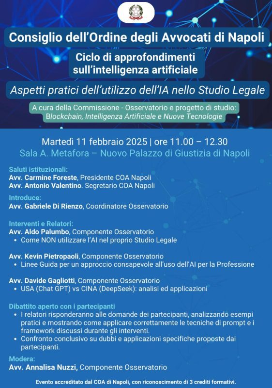Napoli, si conclude il ciclo di approfondimenti del Coa sull'intelligenza artificiale 2 Ordine degli avvocati.IA