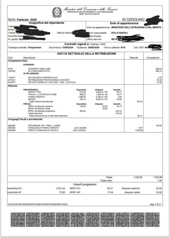 Scuola, Vannini (UIL Campania): "Stipendio di un euro a un docente, vergognoso accanimento fiscale" 2 cedolino scuola di 1 euro