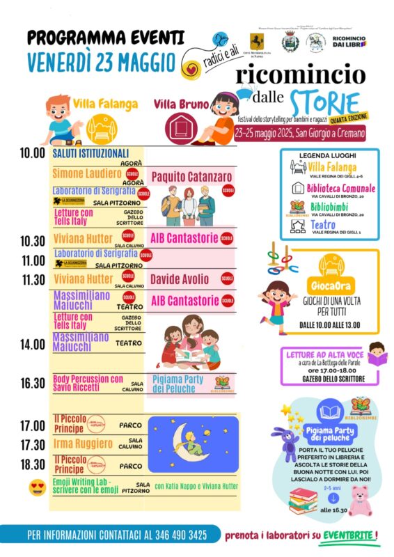 San Giorgio a Cremano, torna Ricomincio dalle Storie: il Festival dello Storytelling per ragazzi e bambini unico in Campania 3 programma generale venerdi