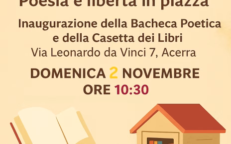 Acerra, la cultura torna in piazza: domenica l'inaugurazione della "Bacheca della Cultura" e della "Casetta dei Libri" in via Leonardo da Vinci 3 locandina evento mod
