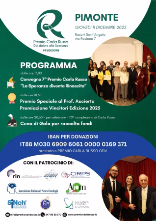 Pimonte, Tumori: al via il VII Premio Carla Russo dedicato ai giovani ricercatori impegnati nella lotta ai tumori cerebrali 7 7° EDIZIONE PREMIO CARLA RUSSO