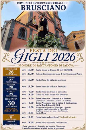 Brusciano, il Giglio della Croce celebra 140 anni di storia e 30 dalla rifondazione 8 9. Manifesto Programma religioso Festa dei Gigli 2026 Brusciano NA